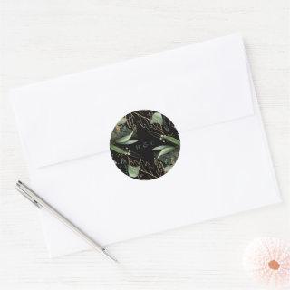 Black Botanical Eucalyptus Green Emerald Monogram Classic Round Sticker