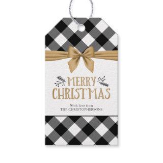 Black Buffalo Plaid MERRY CHRISTMAS Gold Bow Gift Tags
