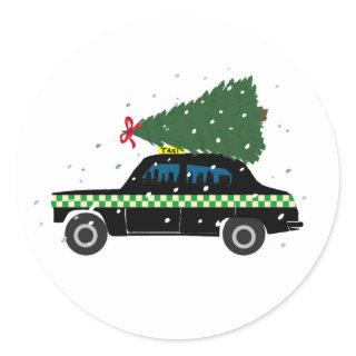 Black Cab Taxi Christmas Tree Drawing Snow  Classic Round Sticker