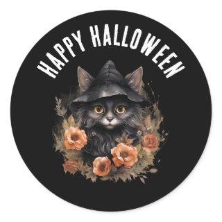 Black Cat in a Black Witch's Hat Halloween Classic Round Sticker