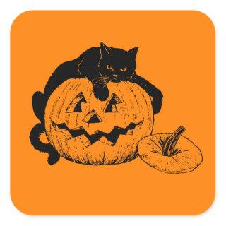Black Cat Resting On Top of a Carved Pumpkin Square Sticker