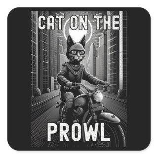 Black Cat Riding a Motorcycle in the City at Night Square Sticker