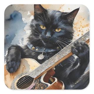 Black Cat Rock Star Playing Acoustic Guitar  Square Sticker