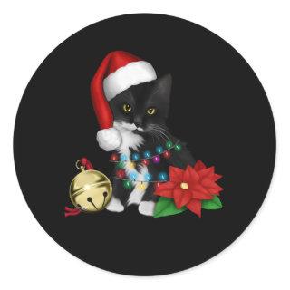 Black Cat Santa Tangled Up In Christmas Lights Classic Round Sticker