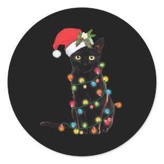 Black Cat Santa Tangled Up In Lights Classic Round Sticker