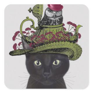 Black Cat with Teapot and Owl Square Sticker