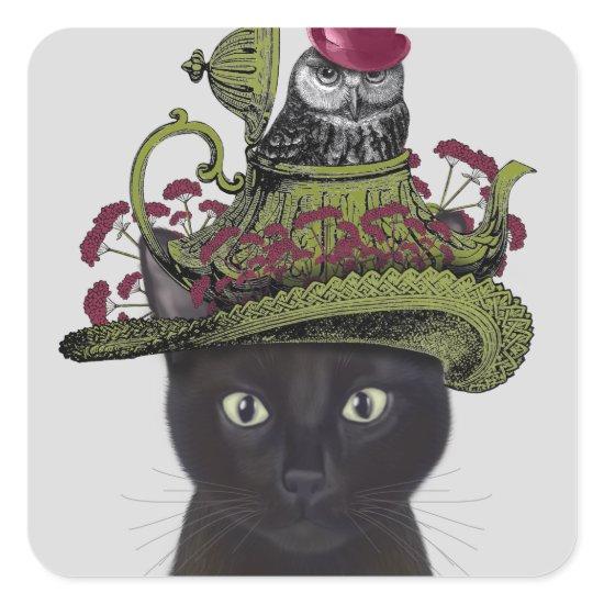 Black Cat with Teapot and Owl Square Sticker