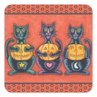 BLACK CATS AND JACKS SEE NO EVIL, FUNNY FELINES SQUARE STICKER