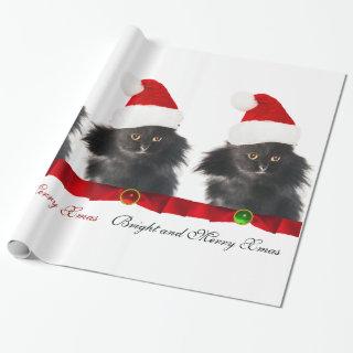 BLACK CHRISTMAS CAT,SANTA CLAUS HAT AND RED RIBBON