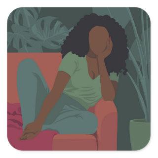 Black curly woman with viridian green plants square sticker