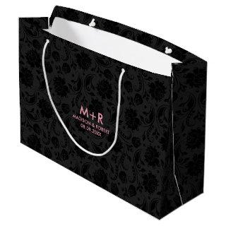 Black & Dark Gray Damasks Custom Pink Wedding Text Large Gift Bag