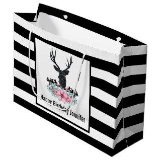 Black Deer Head w/ Pink Flowers & Mountains Large Gift Bag