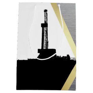 Black Drilling Rig Silhouette with Metal Look Medium Gift Bag