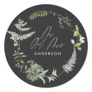 Black elegant modern botanical script wedding pape classic round sticker
