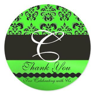 BLACK EMERALD GREEN DAMASK MONOGRAM Thank You Classic Round Sticker