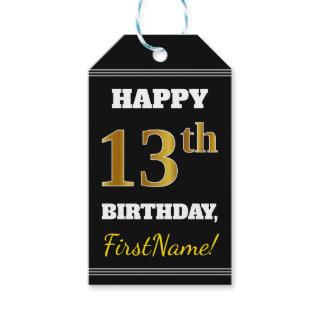 Black, Faux Gold 13th Birthday + Custom Name Gift Tags