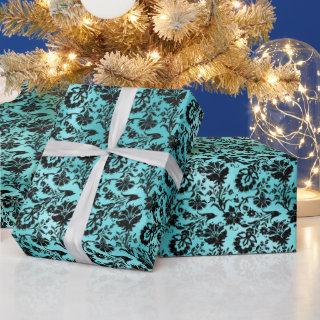 Black Floral Damask on Turquoise Blue