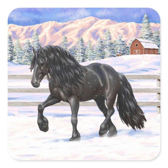 Black Friesian Draft Horse In Snow Square Sticker