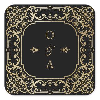 Black & gold elegant vintage wedding monogram square sticker