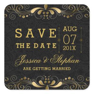 Black Gold Floral Swirls Frame Save The Date Square Sticker