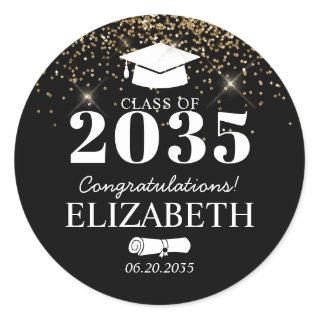 Black Gold Glitter Class of Grad Graduation Party Classic Round Sticker