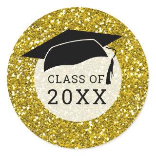 Black  Gold Glitter Graduation Hat Class Of 2022 Classic Round Sticker