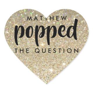 Black Gold Glitter He Popped the Question Heart Sticker