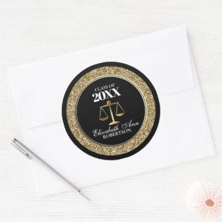 Black|Gold Glitter Law School Graduation Classic Round Sticker