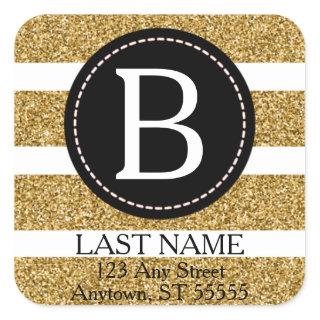 Black & Gold Glitter Return Address Square Sticker
