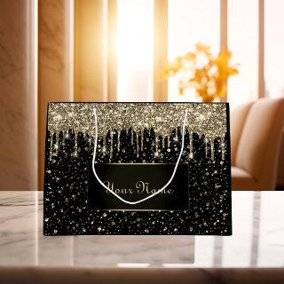Black Gold Minimal Name Lux VIP Glitter Drips Large Gift Bag