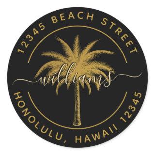 Black & Gold Palm Tree Return Address Classic Round Sticker