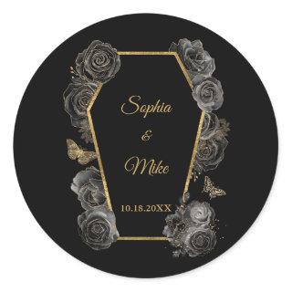 Black & Gold Roses Coffin Gothic Elegant Wedding  Classic Round Sticker