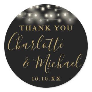 Black Gold String Lights Wedding Favor Thank You  Classic Round Sticker