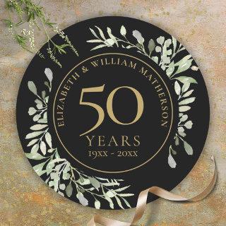 Black Gold Watercolour Greenery 50th Anniversary Classic Round Sticker