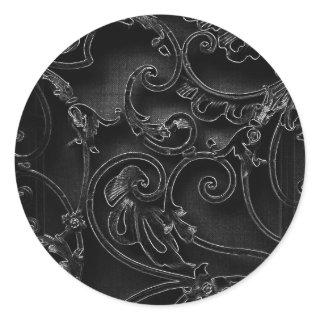 Black gothic baroque swirl pattern classic round sticker