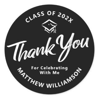 Black Graduation Bold White Script Cap Thank You Classic Round Sticker