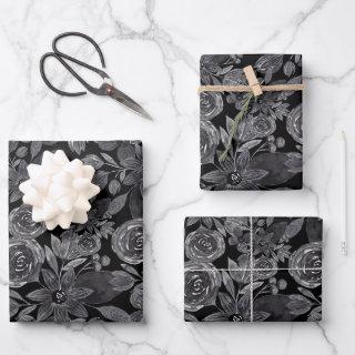 Black Gray Monochrome Watercolor Floral Leaves  Sheets