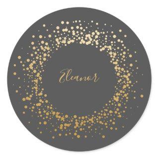 Black Gray Ombre Gold Confetti Dots Personalized  Classic Round Sticker
