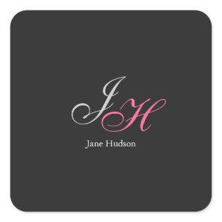 Black Grey Monogram Name Initial Letters Script Square Sticker