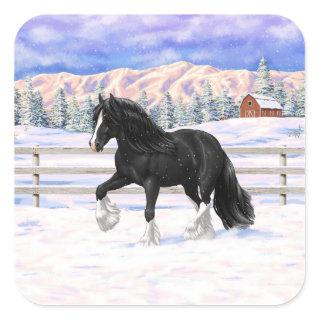 Black Gypsy Vanner Irish Cob Draft Horse In Snow Square Sticker
