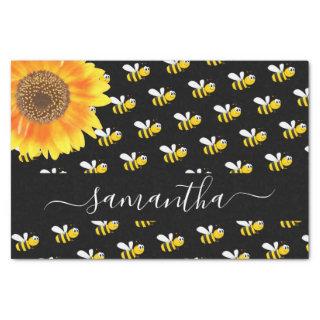 Black happy bumble bees sunflower monogram script tissue paper