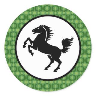 Black Horse Silhouette on Green Pattern Classic Round Sticker