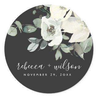 BLACK IVORY WHITE FLORAL WATERCOLOR BUNCH WEDDING CLASSIC ROUND STICKER