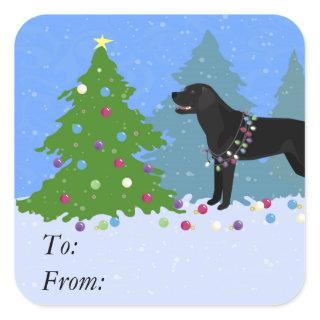 Black Lab in the Forest Decorating Christmas Tree Square Sticker