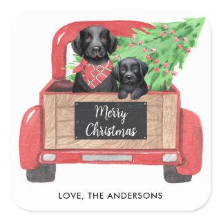 Black Lab Puppy Dog Red Truck Merry Christmas Square Sticker