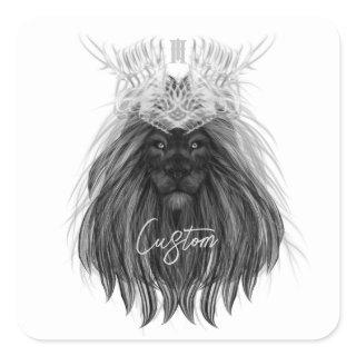 Black Lion with Antlers Crown and Monogram Square Sticker