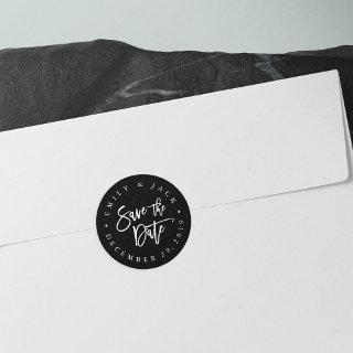 Black | Modern Brush Lettered Save the Date Classic Round Sticker