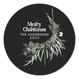 Black modern elegant watercolor botanical classic round sticker