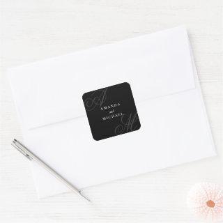 Black Modern Minimal Elegant Monogram Wedding Square Sticker