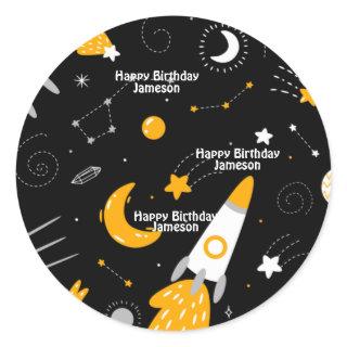 Black Night Sky Outer Space Rocket Birthday Classic Round Sticker